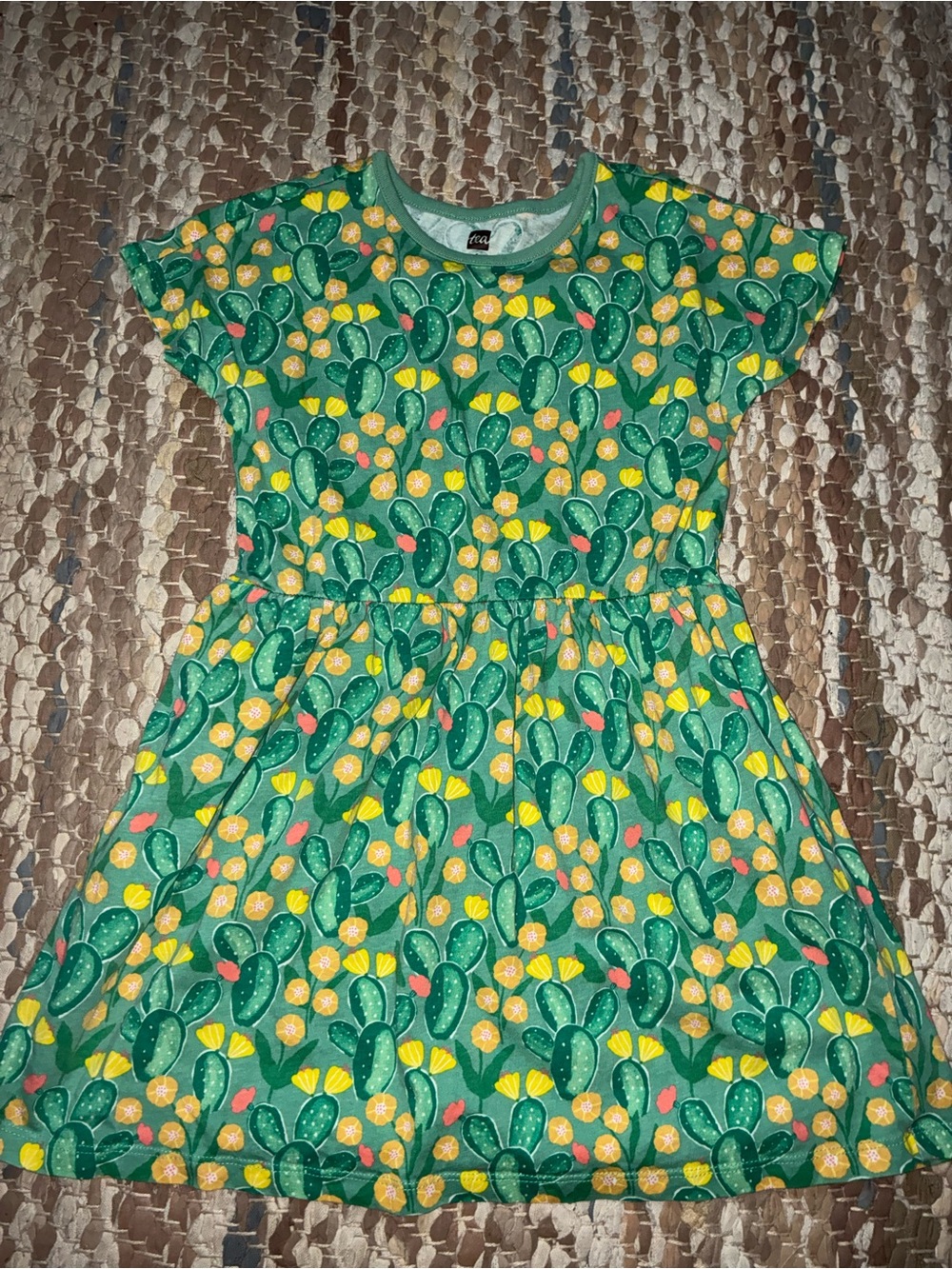 Tea Collection Green Cactus Print Dress with Yellow & Pink Flowers